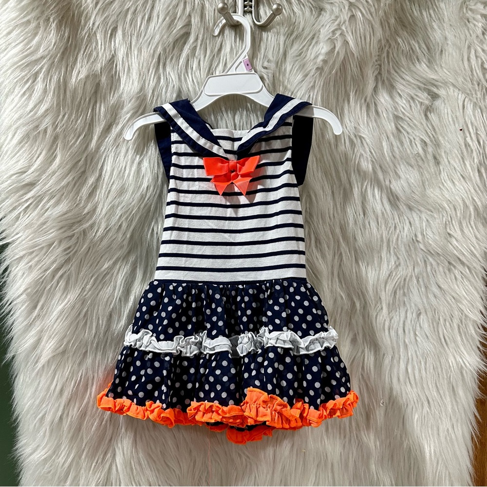 Youngland Navy White Striped Polka Dot Dress with Orange Bow